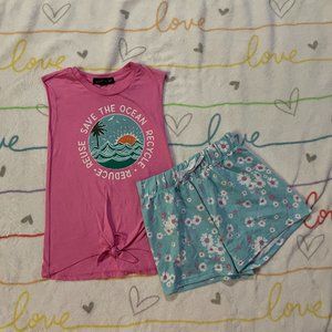 2pc Pink Save the Ocean Top Shirt & Shorts Set Girls sz 7/8